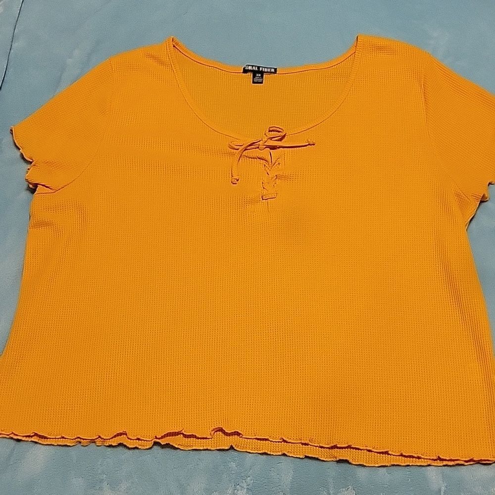  Oral  Fiber size 3X yellow waffle weave short sleeve top